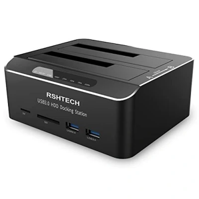 Abbildung von Dualschacht Festplatten Docking Station, RSHTECH USB 3.0 Aluminium Dockingstation Offline Klonen für 2,5 &amp; 3,5 Zoll SATA HDD SSD, unterstützt SD TF Karte, 2 x 16TB Laufwerke, 6 Gbit/s