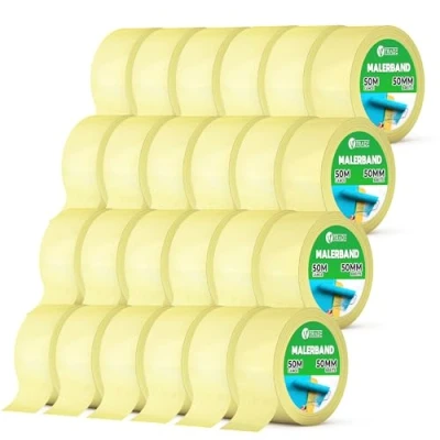Abbildung von V1 TRADE Kreppband Universal Malerkrepp Hilfreich beim Malen Leicht Abnehmbar Abklebeband Malerband Wasserdicht Klebeband Gelb (24 Stück, 50mm x 50m)