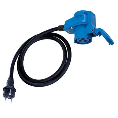Abbildung von CEE Adapter Kabel Winkel Kupplung mit Steckdose auf Schutzkontakt Stecker 1,5m IP44 230V / 16A 3 polig für Camping, Adapterleitung Boot, Camper, Wohnwagen, Wohnmobil, Winkelbuchse blau