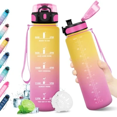 Abbildung von KollyKolla Trinkflasche 1L Kohlensäure Geeignet, Sport mit Zeitmarkierungen, BPA Frei, Sportflasche Auslaufsicher, Wasserflasche für Kinder, Erwachsener, Schule, Gym, Büro, Fahrrad