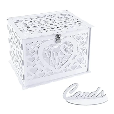 Abbildung von Benjia Hochzeit Geschenkkartenbox Geschenkkarten Box, Vintage groß Holz Kartenbox Karten Geld Box Briefbox mit Schloss Schlitz für Geburtstag danke (Weiß)
