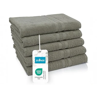Abbildung von ZOLLNER 5er Set Duschtücher in 70x140 cm Flauschige Badehandtücher aus Baumwolle mit moderner Streifenbordüre bis 60C waschbar praktischem Aufhänger Taupe Hotelqualität