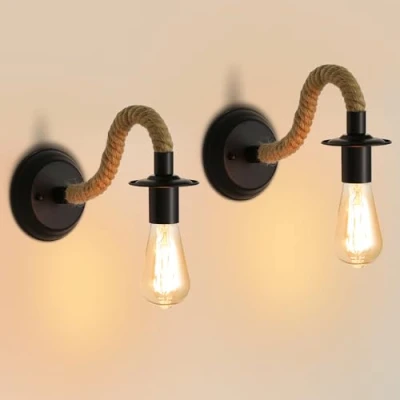 Abbildung von Comely 2 Stück Wandleuchte Retro, Wandlampe aus Hanfseil Schwarz E27, Industrial Innen für Schlafzimmer, Wohnzimmer, Treppen, Flur (ohne Leuchtmittel)