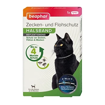 Abbildung von BEAPHAR Zecken Und Flohschutz Halsband Für Katzen Ab 12 Wochen Repellent 4 Monate Schutz Vor Zecken, Flöhen Mücken Regenfest Reflektierend Bandlänge 35 cm Silber / Schwarz