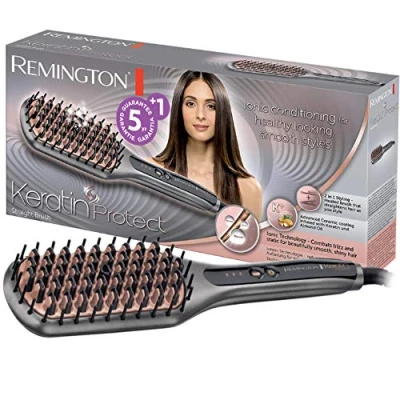 Abbildung von Remington Glätteisen &amp; Haarbürste für eine reduzierte Stylingzeit (Keratin Keramikbeschichtung mit Mandelöl angereichert, Digitales Display, 150 230C) CB7480, Ionen Technologie, Grau/Rose Gold