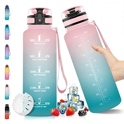 Abbildung von Vikaster Große Trinkflasche, 1 5 Liter, für Kohlensäurehaltige Getränke, Wasserflasche mit Zeitmarkierungen&amp;Filter, Trinkflasche Fahrrad, Outdoor, Schule, Fitness, Gelb/Rosa Farbverlauf 1,5l
