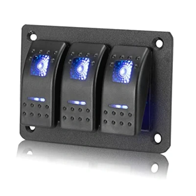 Abbildung von 3 Gang Schalter Panel EIN/AUS Kippschalter Schalttafel Wasserdicht 12V/ 24V Rocker Switch mit Blauem LED Licht und DIY Aufkleberetiketten für Boot Auto Marine Caravan Yacht LKW Wohnmobil