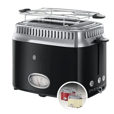 Abbildung von Russell Hobbs Toaster [für 2 Scheiben] Retro Edelstahl Schwarz (Countdown Anzeige im Retrodesign, inkl. Brötchenaufsatz, 6 Bräunungsstufen + Auftau &amp; Aufwärmfunktion, 1300W) Vintage 21681 56