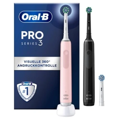 Abbildung von Oral B Pro 3 3900 Elektrische Zahnbürste/Electric Toothbrush, Doppelpack &amp; Aufsteckbürsten, Putzmodi, 360 Andruckkontrolle für Zahnpflege, Designed by Braun, Geschenk Mann/Frau, Black/Pink