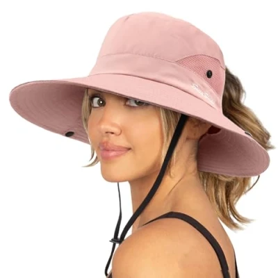 Abbildung von DRESHOW Damen Sonnenhut Outdoor UV Schutz Hut faltbar Mesh breite Krempe Angeln Pferdeschwanz Strand Eimer Hüte
