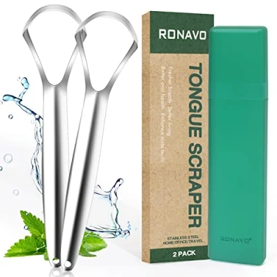 Abbildung von RONAVO Zungenreiniger aus Edelstahl Zungenschaber für Erwachsene, Zungenbürste heilt schlechten Atem, Tongue Scraper, Frischer Atem in Sekunden Mundhygiene(2 Stück)