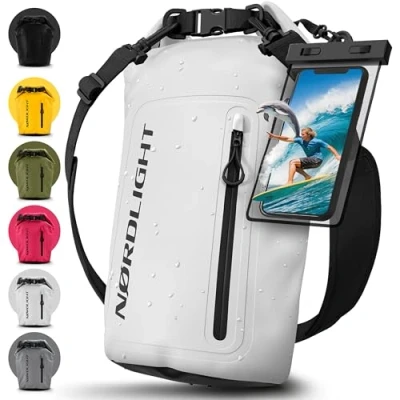 Abbildung von Nordlight Dry Bag wasserdichte Tasche mit Handyhülle + Roll Top, Schultergurt Drybag wasserfester Rucksack Beutel Packsack Seesack Wassersack Wetbag Baden Schwimmen Strand SUP Weiß, 30 Liter
