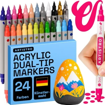 Abbildung von Artistro Acrylfarbenstifte, Acrylfarbenmarker mit Doppelspitze, Acrylmarker für Stoff, Leinwand, Stein, Glas, Holz, Papier (Doppelspitze + Pinsel, 24)