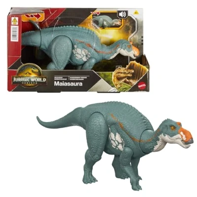 Abbildung von Mattel Jurassic World: Die Wiedergeburt Wild Roar Maiasaura Dinosaurierspielzeug mit steuerbarem Beiß Angriff in mehrere Richtungen und Brüllgeräusch, digitale Spielmöglichkeiten, JGC82