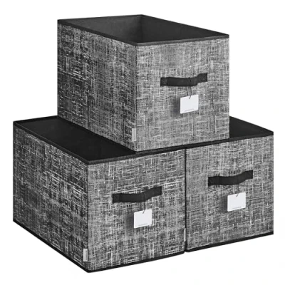 Abbildung von SONGMICS Aufbewahrungsbox 3er Set, zusammenklappbar, Stoffboxen aufbewahren, 50 x 30 cm, für Kleiderschrank, 2 Griffe, Etikette, Schlafzimmer Wohnzimmer, tintenschwarz ROB450B01