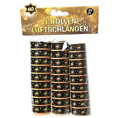 Abbildung von Udo Schmidt 13008 Luftschlangen aus Papier 3 Rollen je 9 Stück schwarz / gold Zahl: 60 Geburtstag