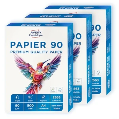 Abbildung von AVERY Zweckform 2563 Drucker /Kopierpapier (1.500 Blatt, 90 g/m², DIN A4 Papier, hochweiß, für alle Drucker) 1 Box mit 3 Pack