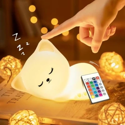 Abbildung von Nachtlicht Kinder Baby, 16 Farben+Fernsteuerung+Stilllicht Dimmbar Nachttischlampe Kinder,USB Wiederaufladbar Baby Batterie Katzen Deko,Nachtlicht Kinderzimmer Stilllicht