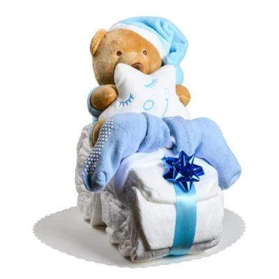 Abbildung von Windeltorte Junge in Blau Motorrad mit Kuscheltier, Geschenk zur Geburt &amp; Taufe Handgefertigte Baby Windeln, Mullwindel Glückwunschkarte
