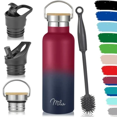 Abbildung von Milu Edelstahl Trinkflasche 500ml, 750ml, 1L (+3 Deckel) Thermosflasche mit Strohhalm, Isolierte Wasserflasche, Auslaufsichere Isolierflasche doppelwandig, Kohlensäure geeignet (Berry Blau, 0,5L)