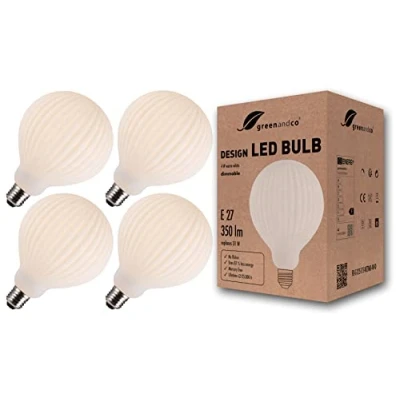 Abbildung von greenandco 4x Vintage Design LED Lampe Opal Streifen dimmbar E27 G125 4W 350lm CRI90+ 3000K flimmerfrei zur Stimmungsbeleuchtung warmweiß 360 230V, 2 Jahre Garantie