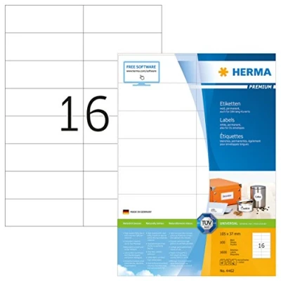 Abbildung von HERMA 4462 Adressetiketten, 100 Blatt, 105 x 37 mm, 16 pro A4 Bogen, 1600 Stück, selbstklebend, bedruckbar, matt, blanko Papier Adressaufkleber Etiketten, weiß