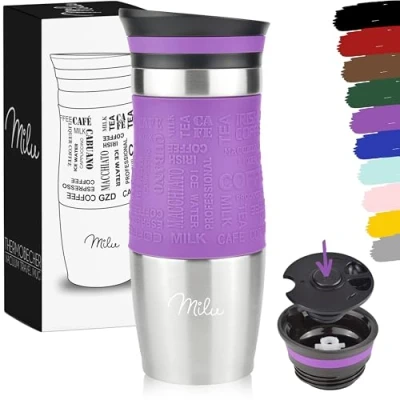 Abbildung von Milu Thermobecher 370ml 450ml Isolierbecher Kaffeebecher to go 100% Auslaufsicher Trinkbecher aus Edelstahl Autobecher doppelwand Isolierung Thermo Becher Travel Mug (Violett, 370ml)