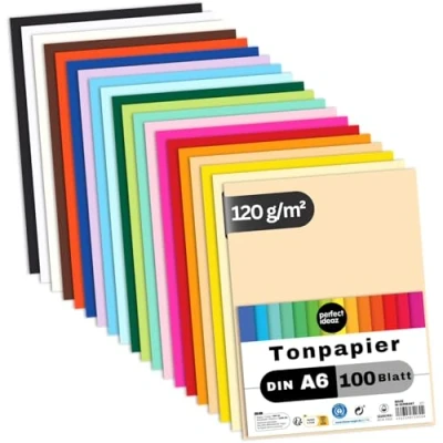 Abbildung von perfect ideaz 100 Blatt Tonpapier DIN A6, 20 Farben, 120 g/m², made in Germany, Blauer Engel zertifiziert