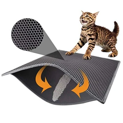 Abbildung von Pieviev Katzenklo Matte, Katzenstreu Matte Unterleger Waben Design Vorleger wasserdichte Doppelte Schichte Entwurf Bienenwabe (Grau 76x61 cm)