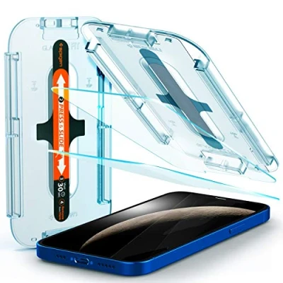 Abbildung von Spigen Glas.tR EZ Fit Schutzfolie kompatibel mit iPhone 12, 12 Pro, 2 Stück, Kratzfest, 9H Härte Folie