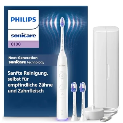 Abbildung von Philips Sonicare 6100 elektrische Zahnbürste, Schallzahnbürste mit 2 Putzmodi und 3 Intensitätsstufen, Andruckkontrolle, EasyStart, SmarTimer BrushPacer, Reiseetui, Weiß, Modell HX7400/02
