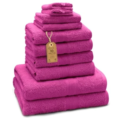 Abbildung von GREEN MARK Textilien 10 TLG. FROTTIER Handtuch Set mit verschiedenen Größen 4X Handtücher, 2X Duschtücher, Gästetücher, Waschhandschuhe Farbe: Pink Premium Qualität
