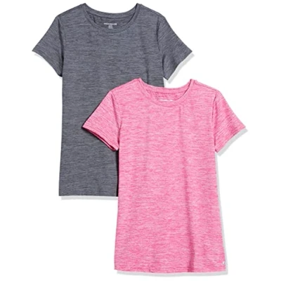 Abbildung von Amazon Essentials Damen Active Quick Dry Tech Stretch Kurzarm T Shirt mit Rundhalsausschnitt (in Übergröße erhältlich), 2er Pack, Himbeere Space dye/Kohlegrau dye, XS