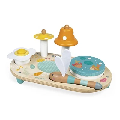 Abbildung von Janod Pure Musiktisch Mit 5 Funktionen Kinder Spieltisch aus Holz Musikalisches Holzspielzeug Zimbel, Glocke, Waschbrett und Tamburin Baby Spielzeug ab 1 Jahr, J05164