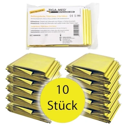 Abbildung von Rettungsdecke Rettungsdecken 10er Set (= 10 Stück) Gold/Silber 210x160cm Rettungsfolie für Erste Hilfe Notfall Deko Tischdecke