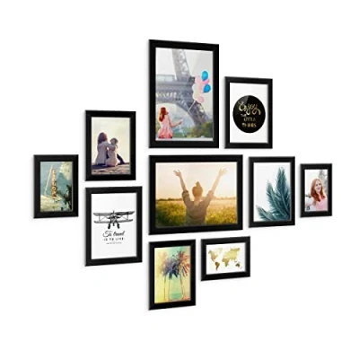 Abbildung von PHOTOLINI Bilderrahmen Set MDF Holz Natur, breite Rahmen, 10er Rahmenset, modern, bruchsicheres Acrylglas, zum Aufhängen, extra Zubehör für Ihre stilvolle Wanddekoration