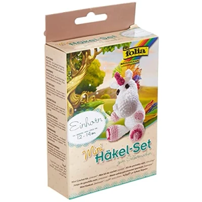 Abbildung von folia 23910 Mini Häkelset Einhorn, Komplettset zur Erstellung von einem selbst gehäkelten niedlichen ca. 12 14 cm groß, für Kinder ab 8 Jahren und Erwachsene, als Geschenk