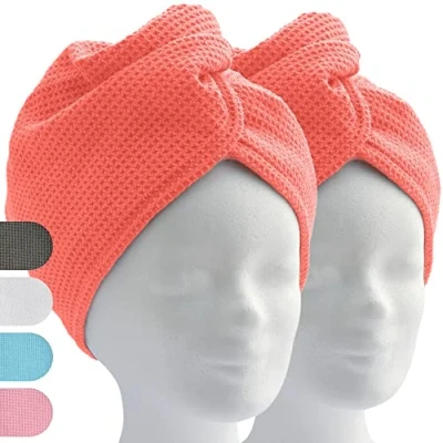 Abbildung von ELEXACARE Haarturban, Turban Handtuch mit Knopf (2 Stück Coral), Mikrofaser für Kopf und Lange Haare