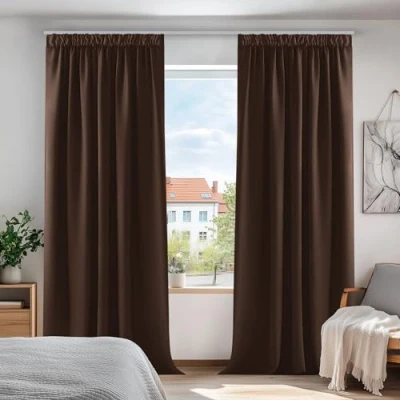 Abbildung von Deconovo Gardinen Vorhang Verdunkelungsvorhänge mit Kräuselband Dicke Thermovorhänge, 220x140cm(HöhexBreite), Dunkelbraun, 2er Set