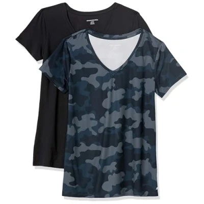 Abbildung von Amazon Essentials Damen Active Quick Dry Tech Stretch Kurzarm T Shirt mit V Ausschnitt (in Übergröße erhältlich), 2er Pack, Marineblau Tarnmuster/Schwarz, XS