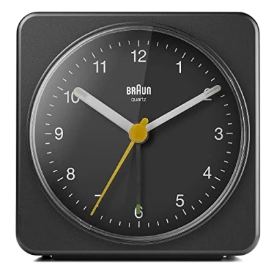 Abbildung von Braun Klassischer analoger Wecker Schlummerfunktion und Licht, ruhiges Quarzuhrwerk, Crescendo Alarm, schwarzes Modell BC03B