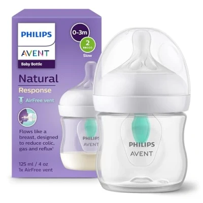 Abbildung von Philips Avent Babyflaschen Natural Response Babyfläschchen mit AirFree Ventil, 125 ml, BPA frei, für Neugeborene ab 0 Monaten (Modell SCY670/01)
