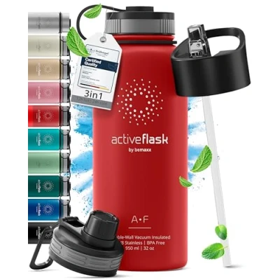 Abbildung von Trinkflasche Edelstahl ACTIVE FLASK + Strohhalm (3 Deckel) BPA frei, Auslaufsicher, Kohlensäure geeignet Wasserflasche Fahrrad Thermosflasche Isoliert Isolierflasche Sport Wasser Flasche Kinder Tee