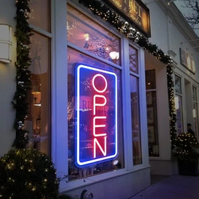 Abbildung von SOLIDEE Neon Schild, Leuchtreklame OPEN LED Neonlicht, Acryl Sign Angetrieben Durch USB mit Dimmbaren Schaltern, Leuchtschild für Zimmer Deko, Party, Bar, Geschäft, Restaurant, Cafe Rot Blau