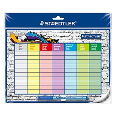Abbildung von STAEDTLER Stundenplan Lumocolor, selbsthaftend und wiederverwendbar, trocken abwischbar, inklusive Lumocolor correctable Stiftklemme, 641 SP2