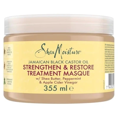 Abbildung von SheaMoisture Jamaican Black Castor Oil Strengthen &amp; Restore Treatment Masque, Sheabutter/Pfefferminze/Apfelessig, 355 ml