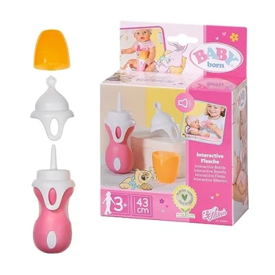 Abbildung von BABY born Interactive Flasche und Löffel 43cm Interaktive Puppenflasche in pink weiß mit Sound Funktion, 2 wechselbare Aufsätze verwendbar als