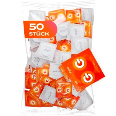 Abbildung von ON) Kondome Stimulation I 54 mm Breite 50 Stück Packung Premium genoppt mit Silikon Gleitgel dünne 0,07 Wandstärke vegan Condoms for men