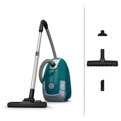 Abbildung von Rowenta RO3143 Power XXL Bodenstaubsauger mit Beutel 900 Watt 4,5 L Staubbeutel 12 m Aktionsradius 3 stufige Filterung inkl. Parkettdüse, 2in1 Fugendüse, Polsterdüse Petrol/Grau