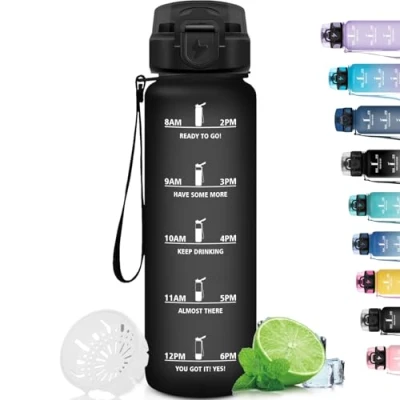 Abbildung von Grsta Trinkflasche 1L, Sport mit Filter, Auslaufsicher für Erwachsene, Uhrzeit, Leicht zu Reinigen, Fitness, Yoga, Camping, Outdoor